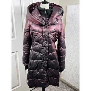 Preston & York Women's M Puffer Coat Metallic Burgundy Purple Hooded Longline